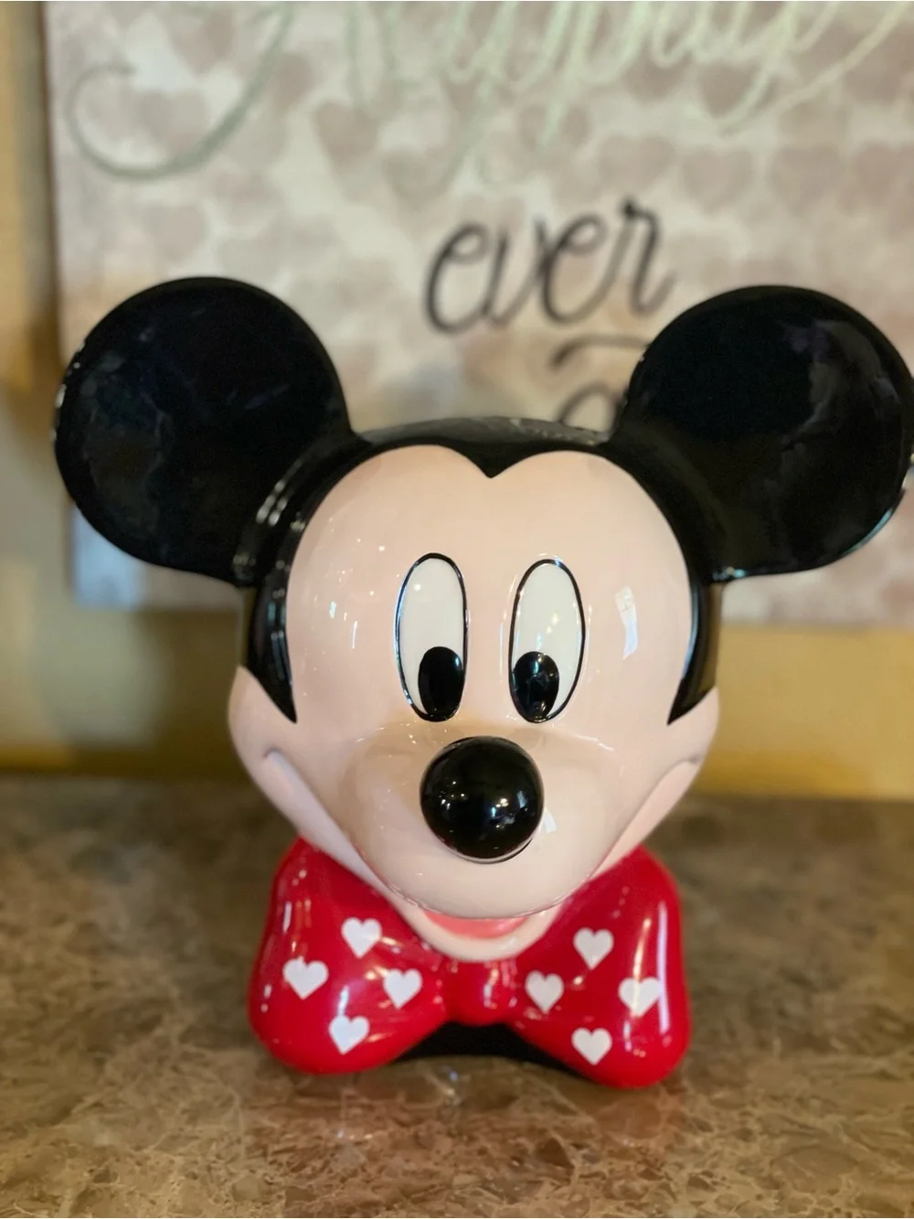 DISNEY Vintage Mickey Mouse Ceramic Head Planter Vase With Red Heart Bow